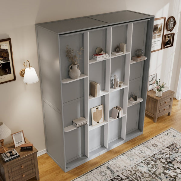 English Elm Rotating Queen Murphy Wall Bed with 14 Open Shelves Hydraulic Lift Space Saving Gray LP000962AAE