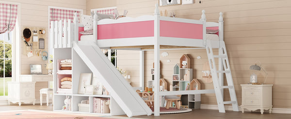 English Elm Queen Loft Bed With Fun Slide, Storage Shelves, Solid Wood Construction, Pink & White Finish, Easy Assemble W1580S00248-GIGA