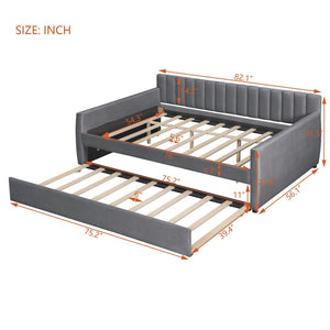 English Elm Full Size Velvet Upholstered Daybed with Pull Out Trundle and Wood Slat Support Gray LP100121AAE