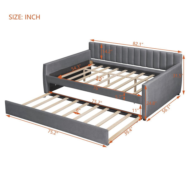 English Elm Full Size Velvet Upholstered Daybed with Pull Out Trundle and Wood Slat Support Gray LP100121AAE