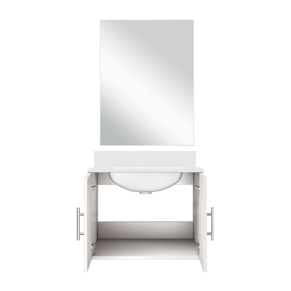 English Elm Glossy White Single Bath Vanity With Quartz Countertop & Frameless Mirror For Modern Spaces B2731S00747