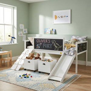 English Elm Twin Kids Loft Bed Solid Pine Frame with Slide Chalkboard and Climbing Rope Play Zone White N708P340493K