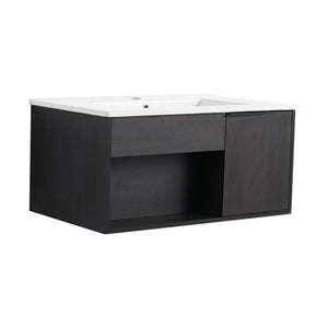 English Elm 30" Floating Bathroom Vanity Dark Oak Cabinet Ceramic Sink Open Shelf Soft Close W3450P435831