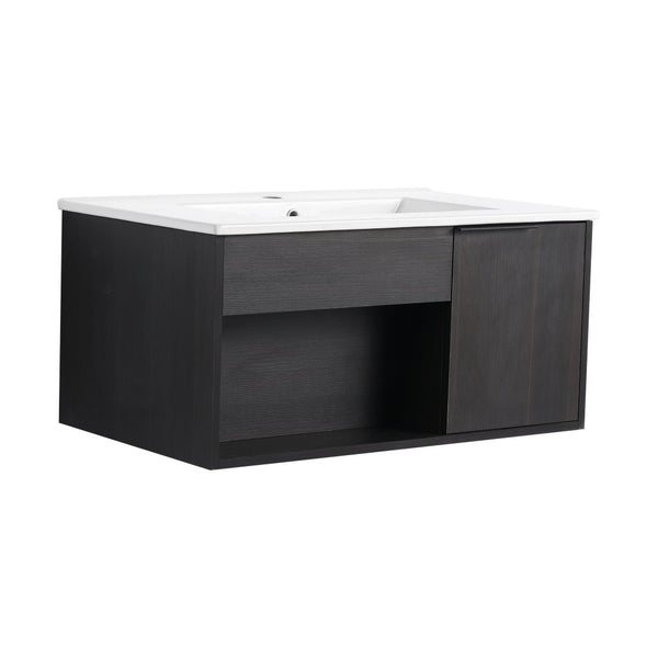 English Elm 30" Floating Bathroom Vanity Dark Oak Cabinet Ceramic Sink Open Shelf Soft Close W3450P435831