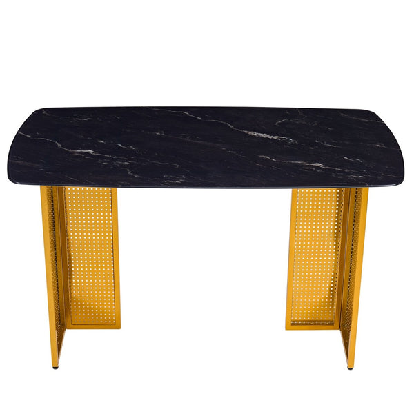 English Elm Modern-style Marble Glass Dining Table Seats Six with Sleek Black Metal Legs W5123P397514