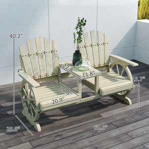 English Elm Outsunny Rustic Fir Wood 2 Seat Garden Bench with Wagon Wheel Legs and Center Table W2225P485566
