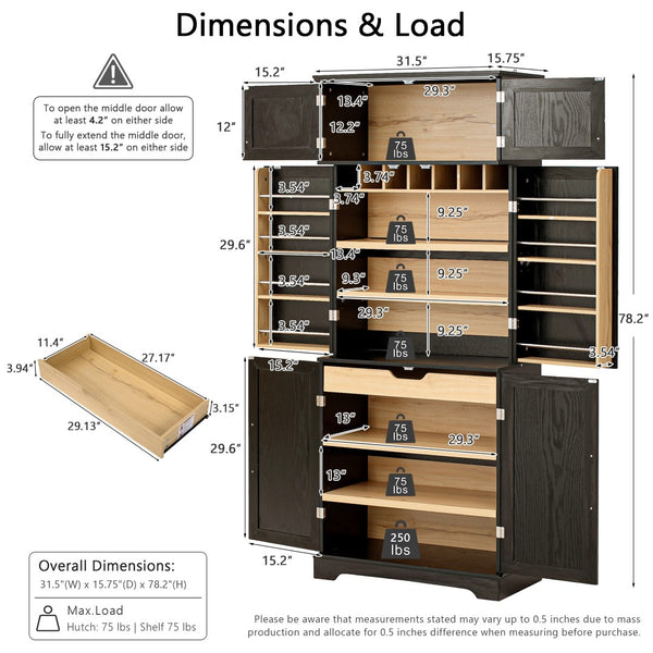 English Elm K&k Farmhouse Pantry Cabinet Tall Freestanding Kitchen Storage with Drawers Shelves Black N707P356567B