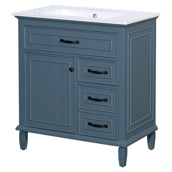 English Elm 30 Inch Freestanding Bathroom Vanity Solid Pine Cabinet Ceramic Sink Top Storage Blue Gray N725P412782C