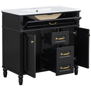 English Elm 36 Inch Bathroom Vanity with Ceramic Sink, Durable MDF & Solid Wood Frame, Soft-Close Doors, Luxe Handles, Ample Organized Storage, Modern Freestanding Design Black N725P314034B