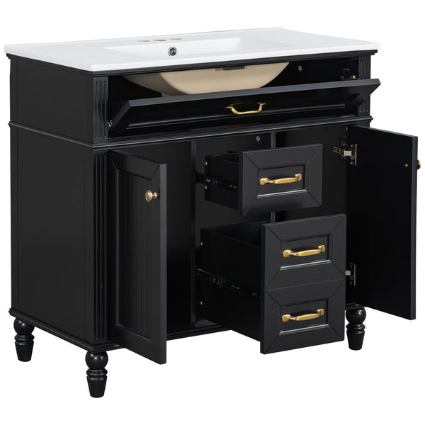English Elm 36 Inch Bathroom Vanity with Ceramic Sink, Durable MDF & Solid Wood Frame, Soft-Close Doors, Luxe Handles, Ample Organized Storage, Modern Freestanding Design Black N725P314034B