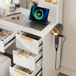English Elm Vanity Desk Set with Led Mirror Charging Station Five Drawers and Cushioned Stool White T3773P416291