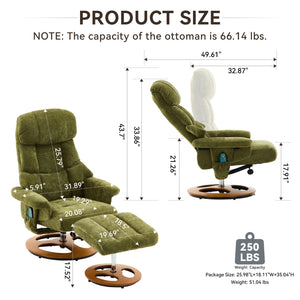 English Elm 010-Ergonomic Recliner Chair with Ottoman Green - 140° Adjustable Swivel Seat, Heated & 5-Point Massage W2636P358622