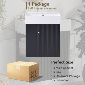 English Elm 21.6 Modern Floating Bathroom Vanity with Ceramic Basin, Wave Door, Rose Gold Handle, Space-Saving Black N729P170390B