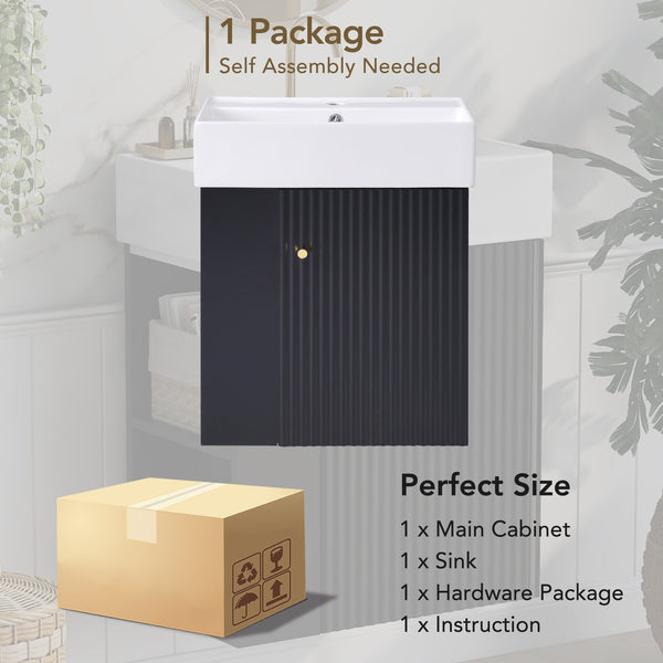 English Elm 21.6 Modern Floating Bathroom Vanity with Ceramic Basin, Wave Door, Rose Gold Handle, Space-Saving Black N729P170390B