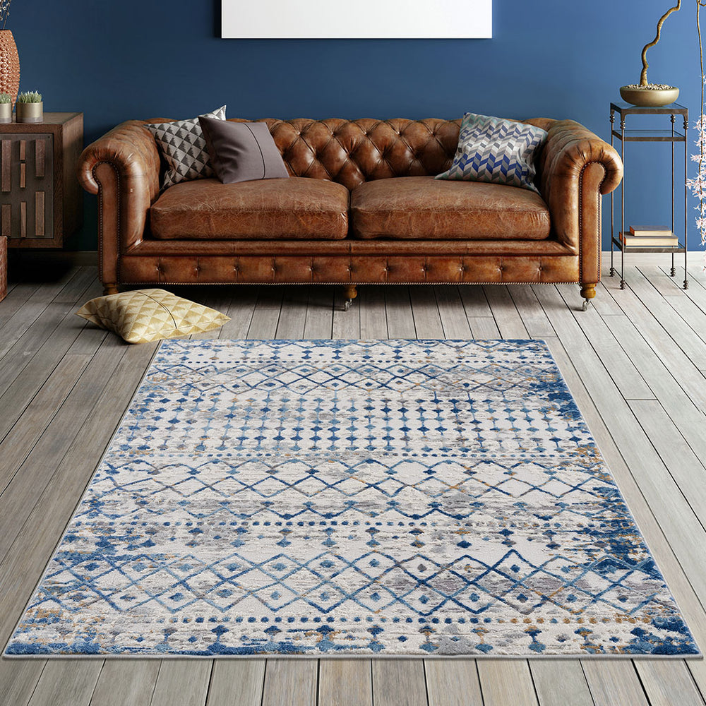 JLA Home Madison Park - Moroccan Woven Area Rug in Blue & Cream — OEKO‑TEX Certified, Stain‑Resistant, Machine‑Woven Comfort 84 L x 63 W x 0.5H MP35-7578