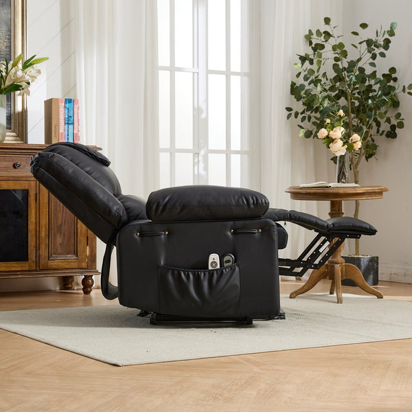 English Elm Black PU Remote-Controlled Heating Massage Recliner for Seniors with Assist Lift, Cup Tray, Remote Control W570P320457