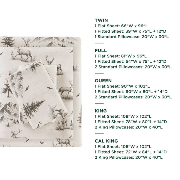 English Elm 4 Pcs Queen Sheet Set - Cozy Gray Deer Toile Cotton Flannel For Rustic Elegance & Comfort B035P319773