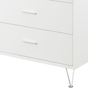 English Elm White 5-Drawer Chest For Modern Storage | Crisp Finish, Polished Chrome Legs & Effortless Access B062P209028-GIGA