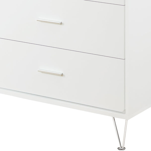 English Elm White 5-Drawer Chest For Modern Storage | Crisp Finish, Polished Chrome Legs & Effortless Access B062P209028-GIGA