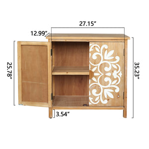 English Elm Rustic Wooden Accent Cabinet with Floral Carved Doors, Antique Brown White, Sturdy 2-Door Storage for Entryway, Dining Room, Living Room W2295P365012