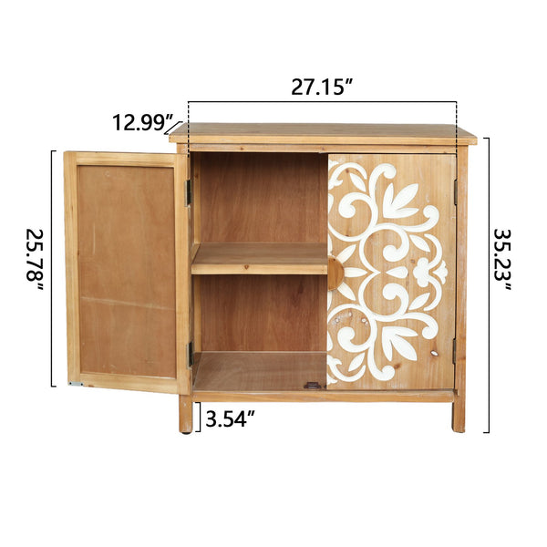 English Elm Rustic Wooden Accent Cabinet with Floral Carved Doors, Antique Brown White, Sturdy 2-Door Storage for Entryway, Dining Room, Living Room W2295P365012