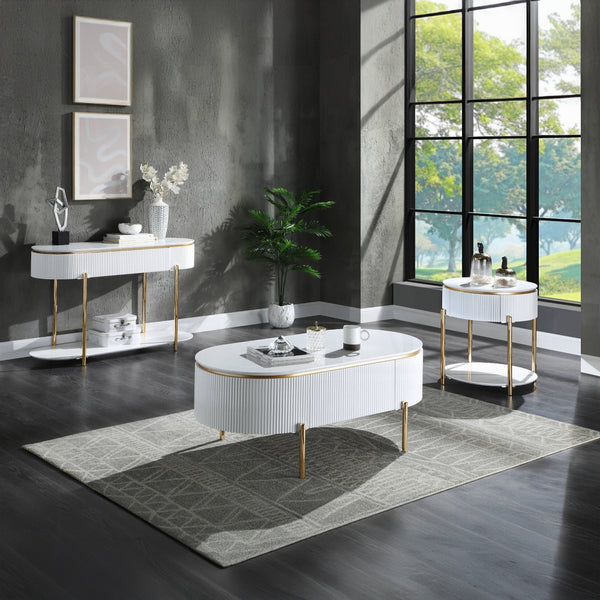 English Elm White White High Gloss and Gold End Table with Drawer and Shelf, 24" Chic Accent Nightstand for Stylish Storage B062P209067