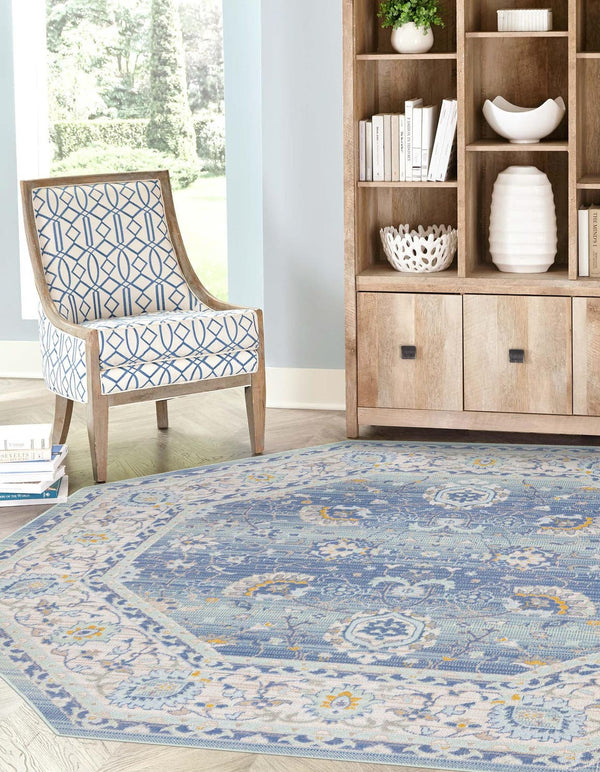 Unique Loom Whitney Bordeaux Machine Made Floral / Botanical Rug French Blue, Ivory/Light Blue/Gold/Gray/Light Green 7' 1" x 7' 1"