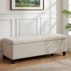 English Elm Upholstered Boucle Storage Bench Flip Top Lid Rubberwood Legs Bedroom Entryway Seating Beige N779P395018B