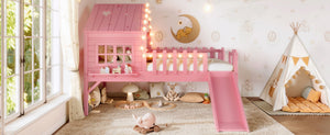 English Elm Twin Playhouse Loft Bed Solid Pine Frame with Slide Led Lights and Star Roof Pink W5316S00003