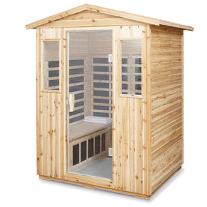 English Elm Four Person Old Fir Outdoor Infrared Sauna with Glass Door and Bluetooth Audio W632S00026