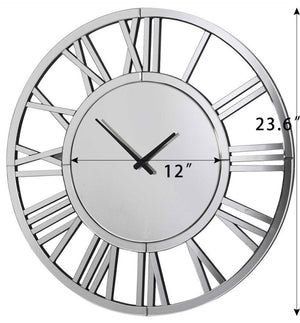 English Elm 24" Mirrored Silver Round Wall Clock with Roman Numerals for Modern Living Rooms W1005P251033