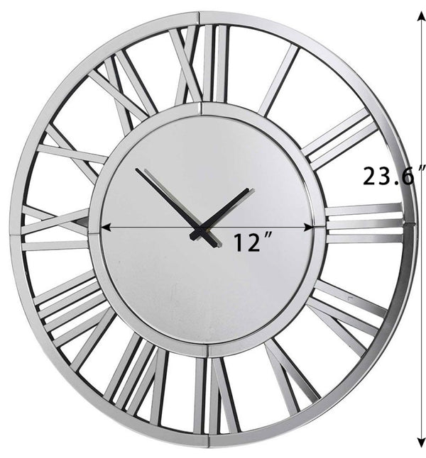 English Elm 24" Mirrored Silver Round Wall Clock with Roman Numerals for Modern Living Rooms W1005P251033