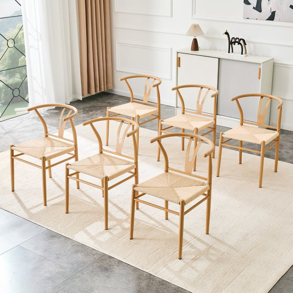 English Elm Wesborn Wishbone Iron Dining Chair Set of 6 with Hand Woven Rope Seat Medieval Style Natural Wood W2920S00139