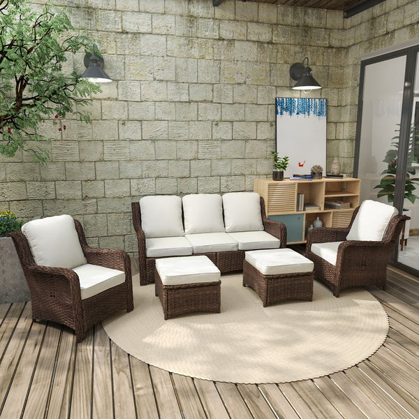 English Elm Patio Rattan Outdoor Sectional Set with 3-Seat Sofa, 2 Chairs & 2 Ottomans Cushioned Comfort Brown Grey,Off White W1710S00256