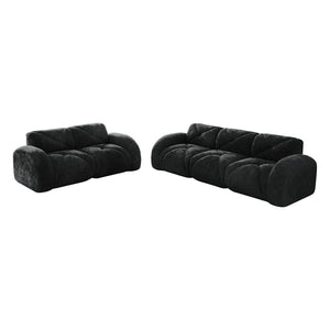 English Elm Three Seater Chenille Sofa with Ottoman Solid Wood Base Tufted Arms Living Room Black W714S01647