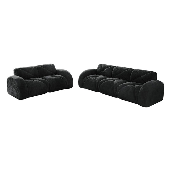 English Elm Three Seater Chenille Sofa with Ottoman Solid Wood Base Tufted Arms Living Room Black W714S01647