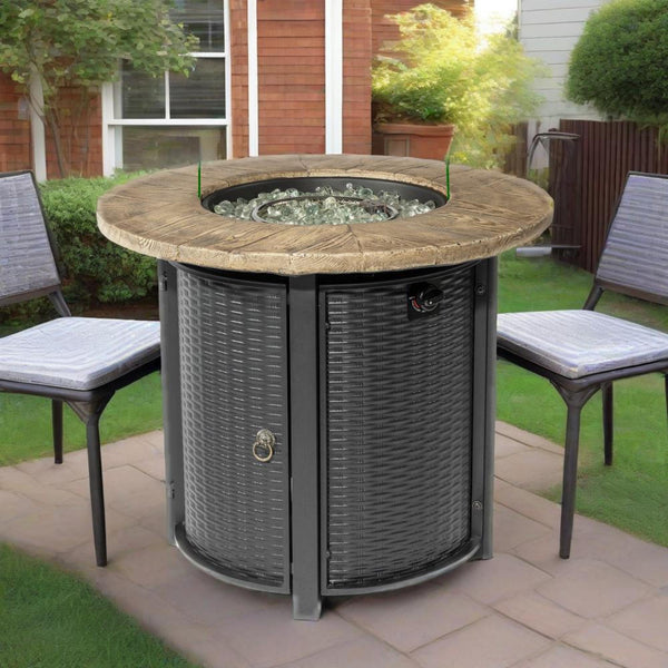 English Elm 30" 50000BTU Propane Fire Pit Table with Faux Wood Grain Top, Stainless Burner, Glass Rocks, Black W853P194144