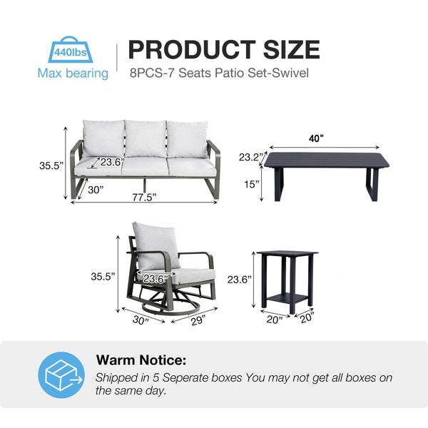English Elm Fr Seven Piece Outdoor Patio Set with Swivel Rockers Memory Foam Cushions Aluminum Frame W5382S00018