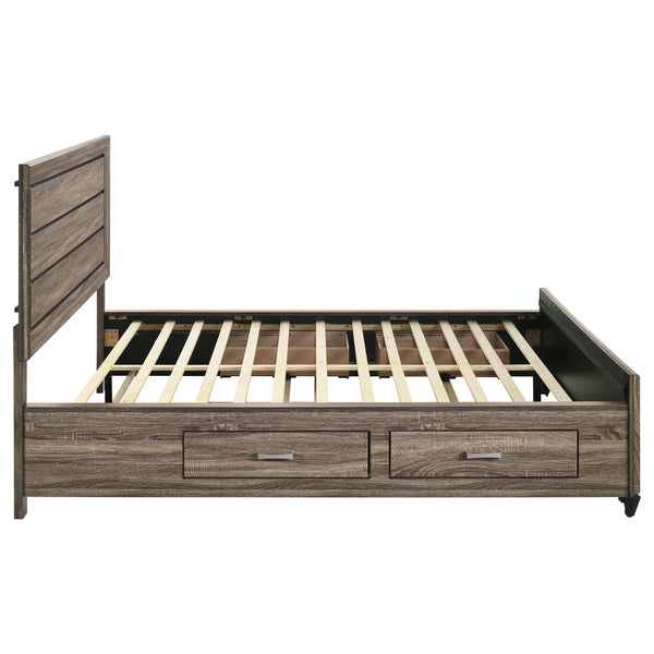 English Elm Carbon Washed Taupe Panel Storage Bed California King with Slatted Frame, Built-In Drawers, Rustic Modern Elegance B062S00688