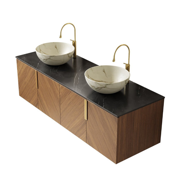 English Elm Dina 60 Inch Floating Bathroom Vanity Sintered Stone Top Dual Glass Basins Wood Grain W2615S00548