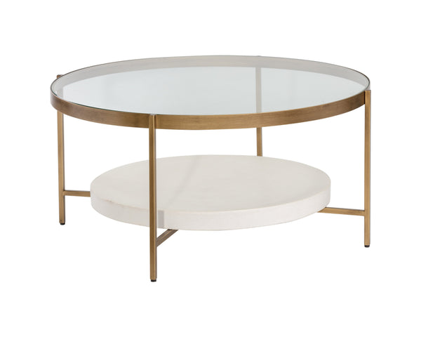 Sunpan Gia Coffee Table – Elegant Round Glass Top with White Concrete Shelf & Antique Brass Frame Design