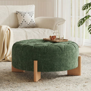 English Elm 32" Round Chenille Ottoman Tufted Footrest with Rubberwood Legs for Living Room Green N723P405298G