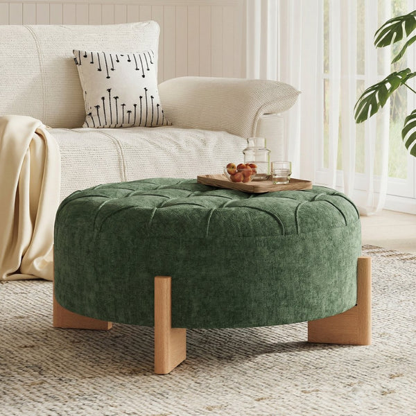 English Elm 32" Round Chenille Ottoman Tufted Footrest with Rubberwood Legs for Living Room Green N723P405298G