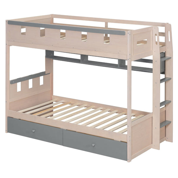 English Elm Twin Castle Bunk Bed with Led Lighting Built-in Shelf and Storage Drawers for Kids Gray LT000158AAE