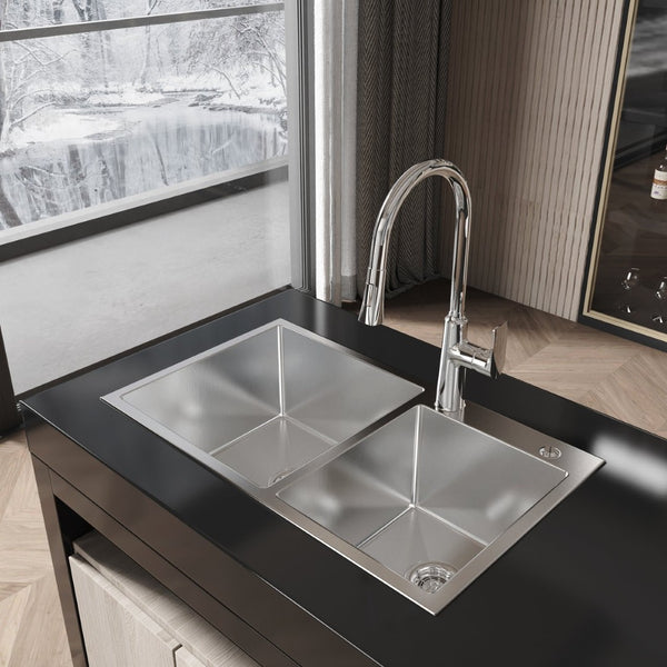 English Elm Stainless Steel Double Bowl Overmount Kitchen Sink with Nano Gray Satin Brushed Finish T3177P286041