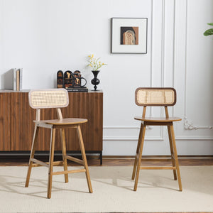 English Elm Christopher Knight Home® - Bari Curved Solid Wood Barstool with Woven Rattan Backrest, Ergonomic Comfort and Timeless Finish Walnut N775P264463W