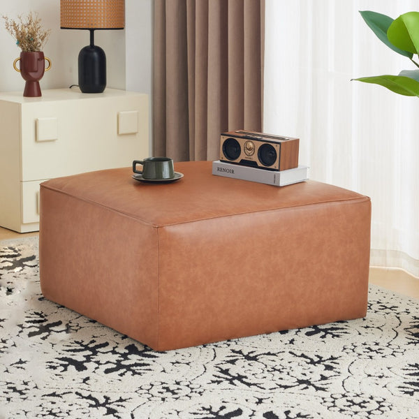 English Elm Upholstered Square Pu Leather Ottoman with Coil Spring Support for Modern Living Rooms N757P414087T