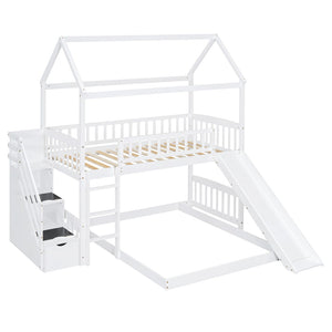 English Elm Twin Over Full Bunk Bed Playhouse Frame with Slide Staircase and Storage Drawers LT100129AAK