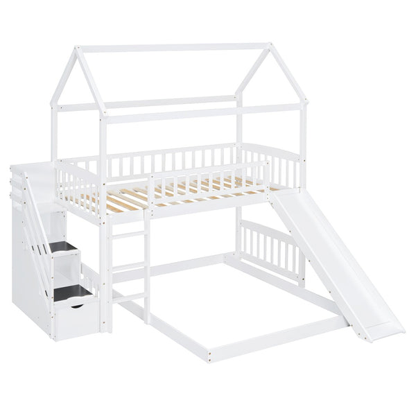 English Elm Twin Over Full Bunk Bed Playhouse Frame with Slide Staircase and Storage Drawers LT100129AAK