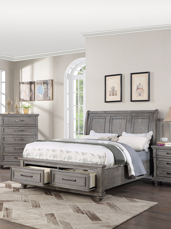 English Elm Queen Sleigh Bed with Underbed Drawers Gray Vintage Transitional 3-Panel Headboard Storage Classic Elegance B011S01399